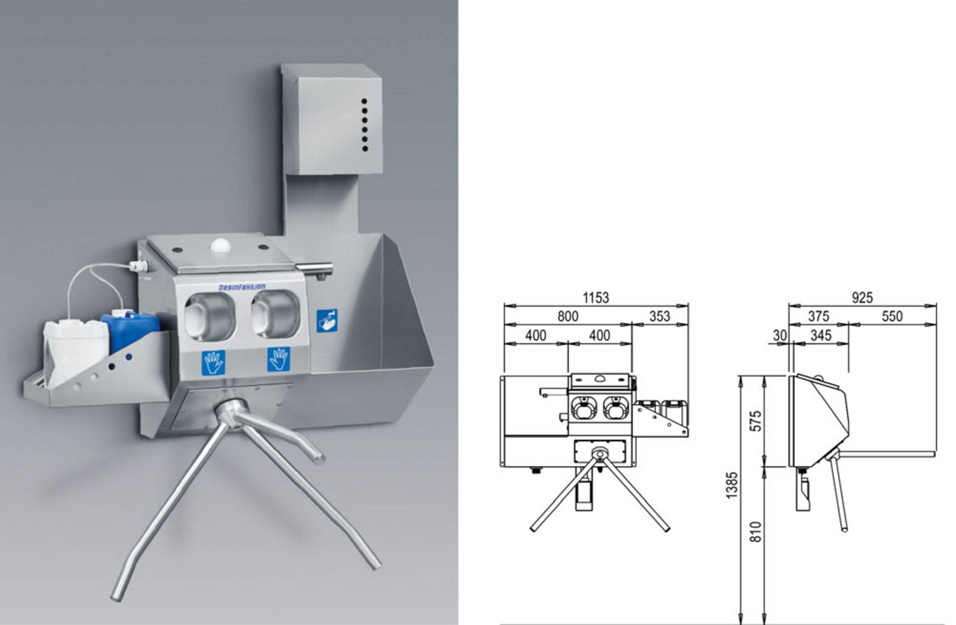 KOHLHOFF Mechanisches Drehkreuz mit Handdesinfektion EK 400 WR-W-R Wandmodell-rechts