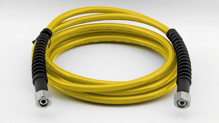 EHRLE Hochdruckschlauch PES/Elastomer Comfort gelb DN06 200bar 60°C bs DKOL M18x1,5 VA bs Knickschutz 4,5m